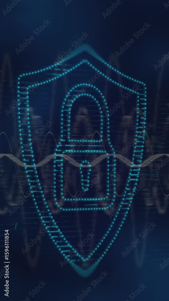 Poster animation of padlock and data processing over dark background