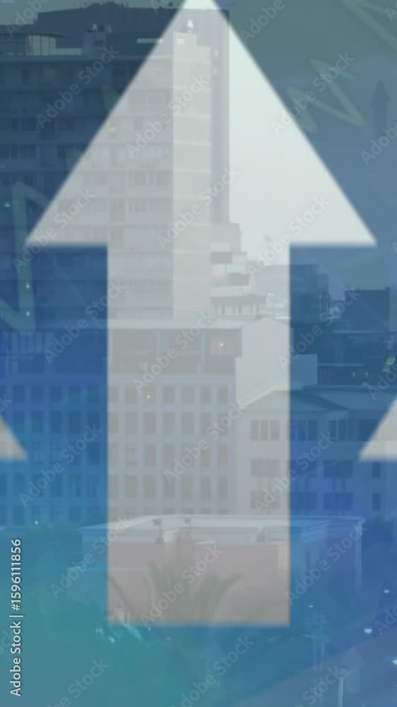 Poster animation of arrow moving upwards and data processing against aerial view of cityscape