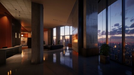 Elegant lobby with city views in modern building showcasing urban living