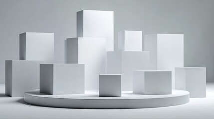 Abstract composition of white geometric shapes on a circular platform.
