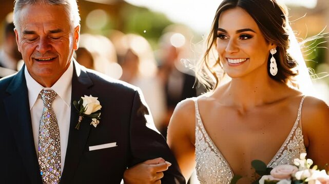 Bride in a sparkling bridal gown, walking arm in arm with her father down the aisle, groom in a tailored suit awaiting her arrival