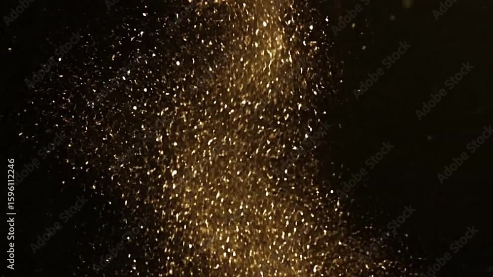 Poster cascading gold particles glitter against a dark background creating a shimmering effect