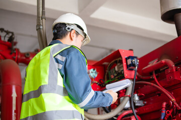 Engineer in safety vest and helmet performing inspection on fire pump generator system checking documents and equipment to ensure proper operation and safety compliance in industrial setting
