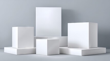 Abstract display of multiple white cubes on a gray background.