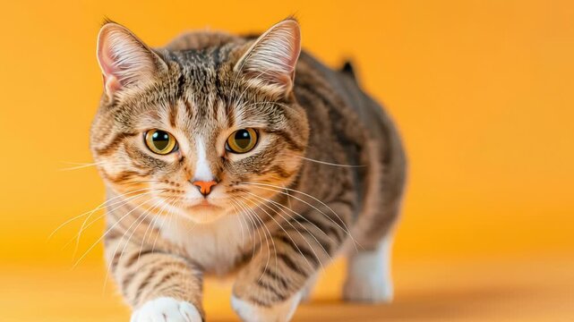 Cat advertise healthy concept. Bold and energetic ad of a sprinting cat, symbolizing power and energy derived from eating healthy food