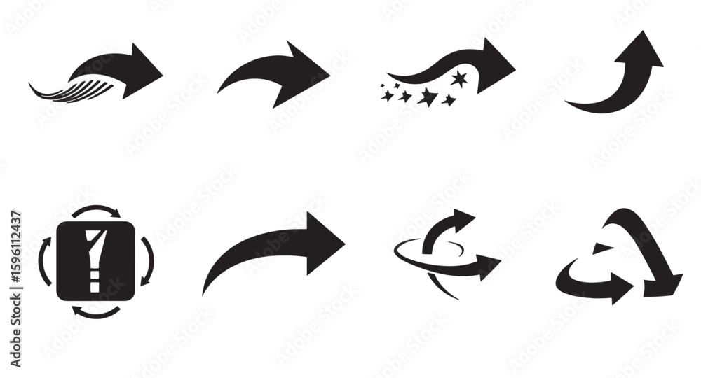 Poster collection of black arrow icons and symbols representing various concepts and directions