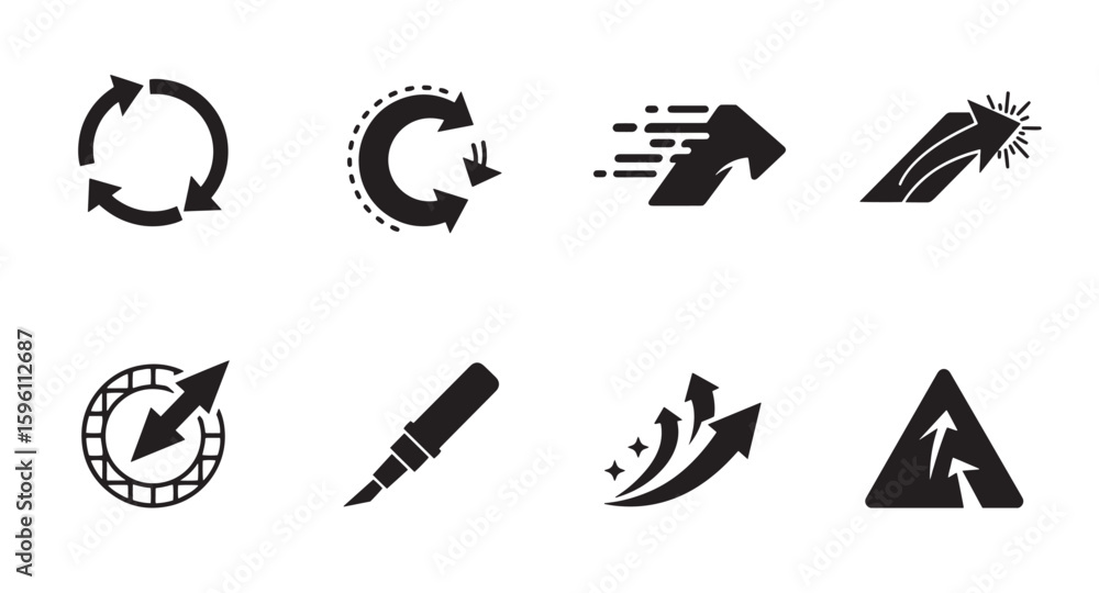 Poster collection of black arrow icons representing direction cycle growth and concepts on white background