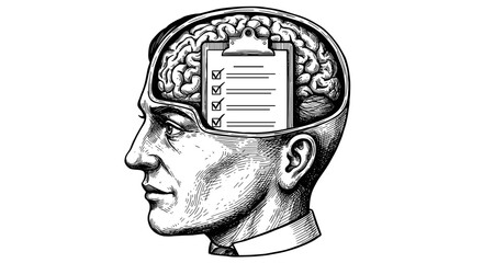 Inside businessman’s head — to-do list with marked tasks, conceptual business art, black and white sketch engraving style, vector illustration.

