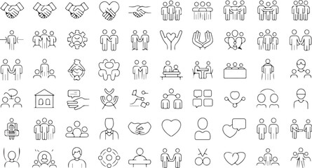 People and community outline icon set. Black and white line symbols for teamwork and support.