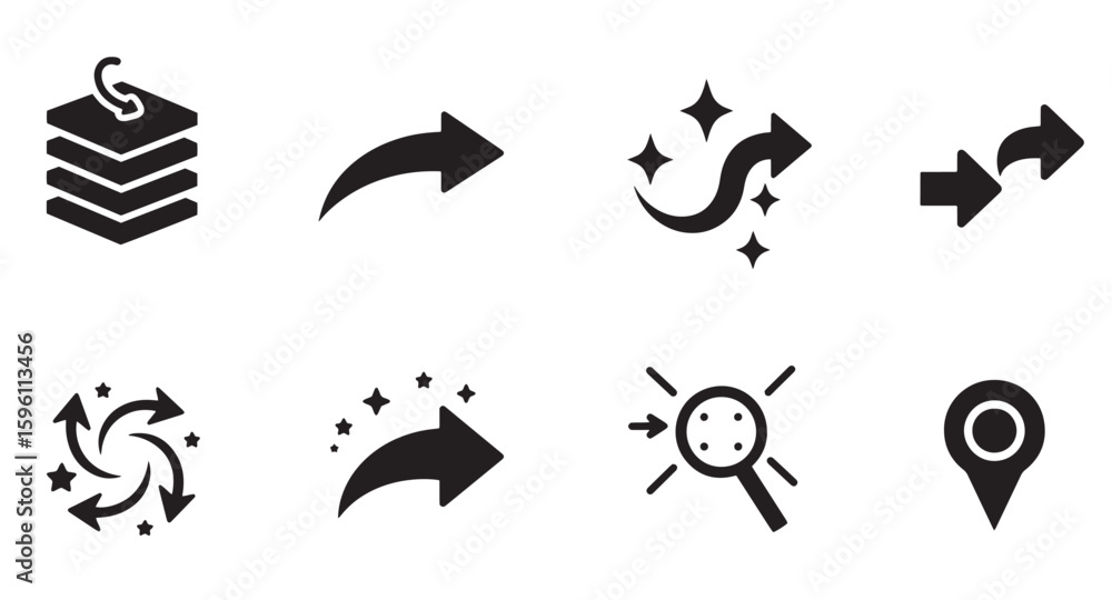 Poster Collection of minimalist black icons representing data navigation location and other concepts