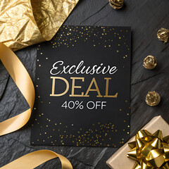 A striking black and gold exclusive deal card announces a 40 off discount, surrounded by festive decorations and ribbons