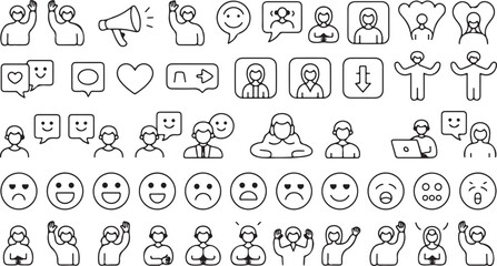 A versatile collection of black and white line art icons of people, emotions, and communication symbols.
