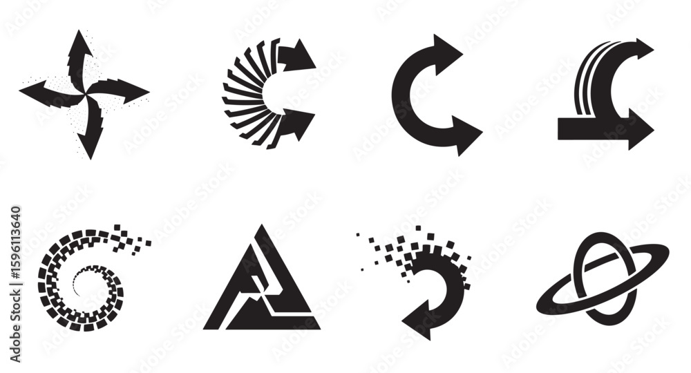 Poster collection of modern and minimalist arrow icons in various geometric shapes and styles