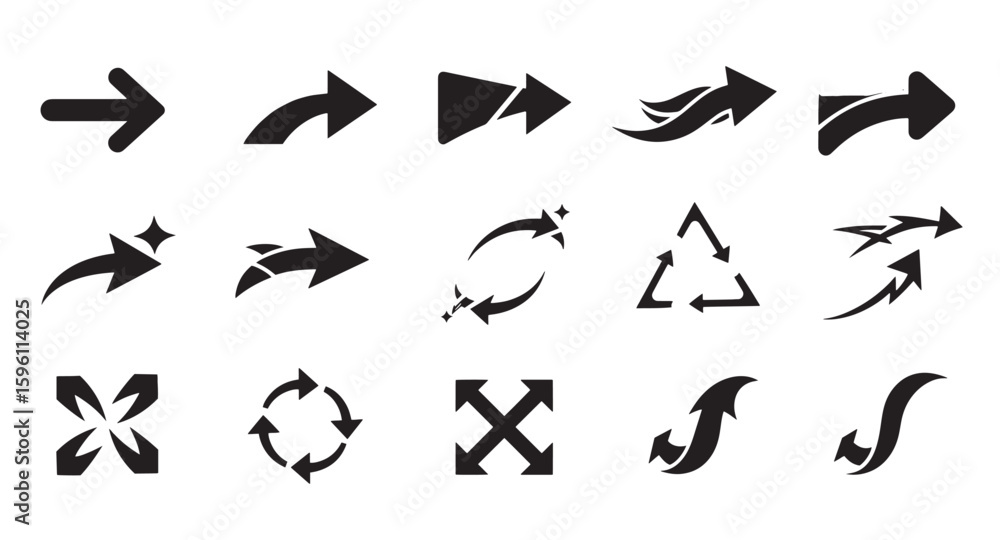 Poster collection of modern black arrow icons representing direction navigation and signage elements