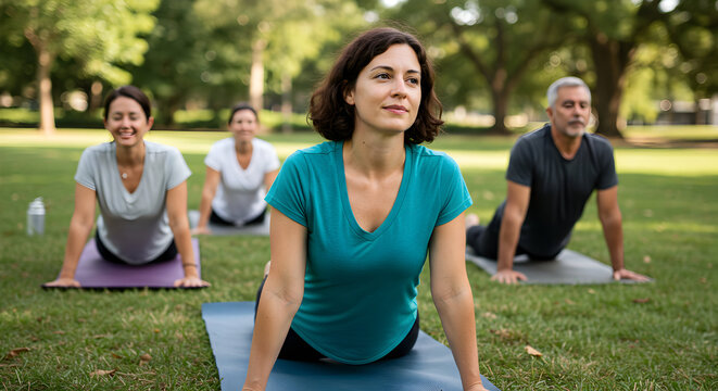Healthy adults practicing yoga outdoors in a park, enjoying a serene and revitalizing group fitness session together, promoting wellness and community.