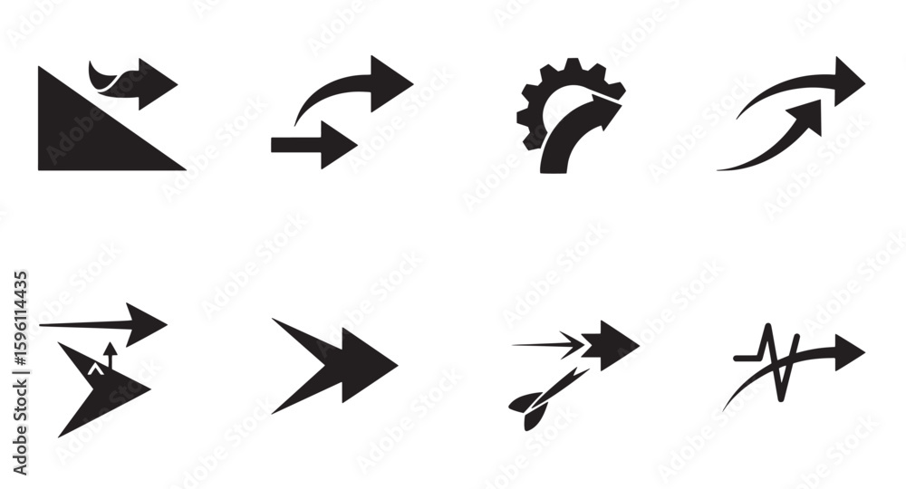 Poster collection of simple and stylish black arrow icons illustrating direction and movement