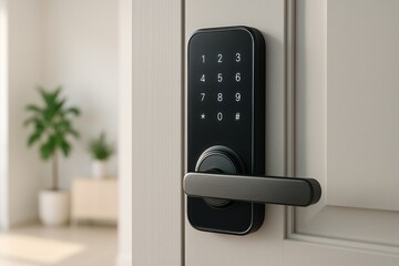 Smart Lock in Action - A high-resolution AI-generated image showcasing a modern smart lock installed on a sleek door, blending technology with everyday convenience for a secure, keyless lifestyle.
