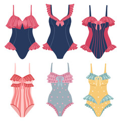 Vector summer set of retro swimsuits isolated from background. Collection of vintage swimwear in pastel colors.