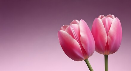 Two delicate pink tulips with soft petals against a subtle gradient purple background