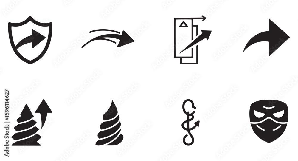 Poster collection of simple black icons with arrows and abstract symbols for various applications