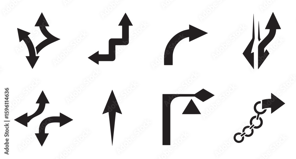 Poster collection of simple black arrow icons representing directions navigation and symbols
