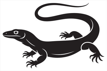 Black And White Vector Illustration Of A Komodo Dragon Silhouette On White Background.