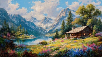 Fototapeta premium Colorful Alpine Meadow With Cabin And Lake