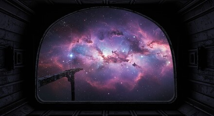 View from spaceship window of vibrant purple nebula and distant stars with metallic structure in foreground