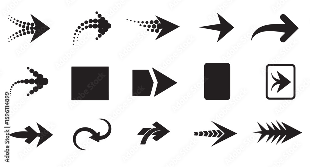 Aufkleber collection of various black arrow icons in different shapes and styles on a white background