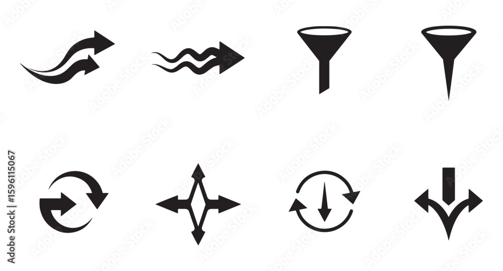 Poster collection of various black arrows and funnel icons in minimalist style for design concepts