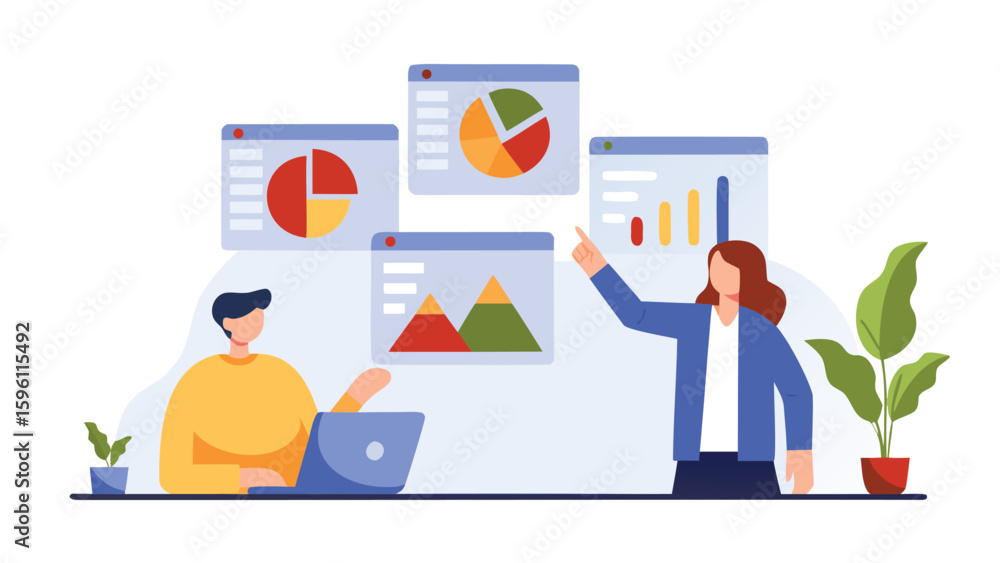Poster a presentation of data with charts and graphs being given to a man with a laptop by a woman speaker