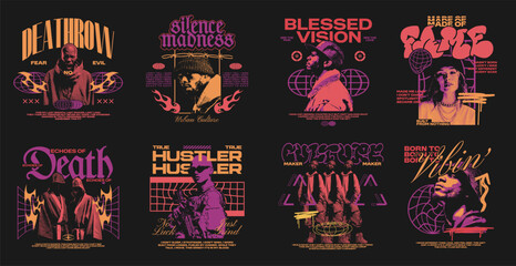Urban streetwear graphic t-shirt design bundle, Set of urban style poster art, Dark aesthetic poster collection, Diverse urban culture apparel designs, Street culture brutalism graphic tee for print