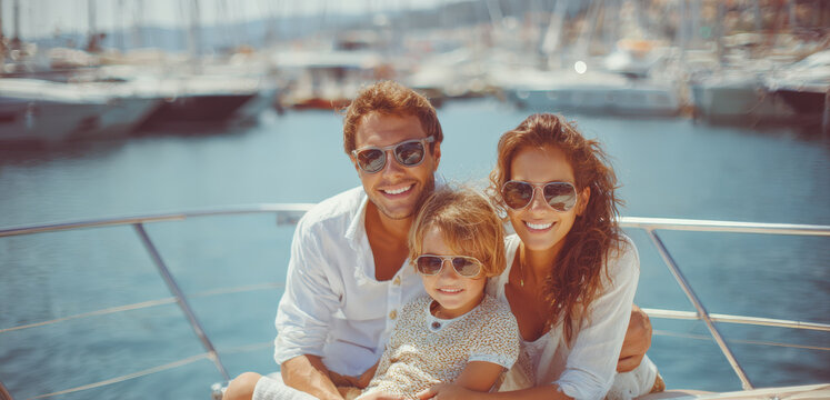 father, mother, child - all wearing sunglasses, smiling at the camera while enjoying a sunny day on a boat. In the blurred background, a marina filled with yachts suggests a luxurious vacation setting