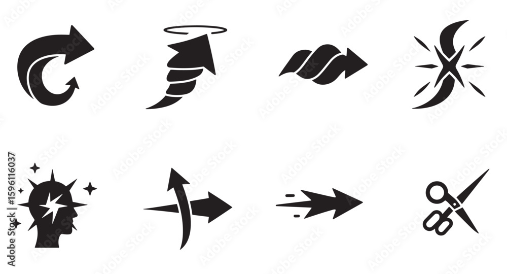 Poster set of black arrow icons representing different concepts and directions on white background