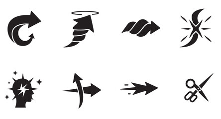 Set of black arrow icons representing different concepts and directions on white background
