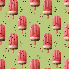 Summer seamless pattern with watermelon popsicle. Vector illustration for scrapbooking, background, wrapping paper.	
