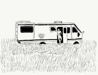 old mobile home at field in sketch hand drawn style. Template for decor postcard design print poster background wallpaper wrapping packaging banner backdrop