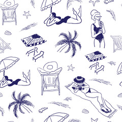 seamless pattern with girls on beach in sketch hand drawn style. Element for design print poster background wallpaper wrapping packaging banner backdrop textile