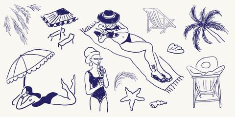 seamless pattern with girls on beach in sketch hand drawn style. Element for design print poster background wallpaper wrapping packaging banner backdrop textile
