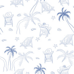 seamless pattern with simple palm trees and armchairs on beach in sketch hand drawn style. Element for design print poster background wallpaper wrapping packaging banner backdrop textile