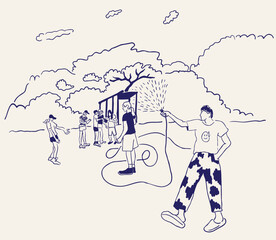summer scene with people in sketch hand drawn style. Template for decor postcard design print poster background wallpaper wrapping packaging banner backdrop