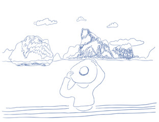 simple scenery of seaside in sketch hand drawn style. Template for decor postcard design print poster background wallpaper wrapping packaging banner backdrop