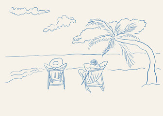 simple scenery of beach in sketch hand drawn style. Template for decor postcard design print poster background wallpaper wrapping packaging banner backdrop