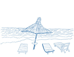 simple scenery of beach in sketch hand drawn style. Template for decor postcard design print poster background wallpaper wrapping packaging banner backdrop