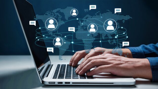 Person typing on laptop with global network of people and communication icons overlay