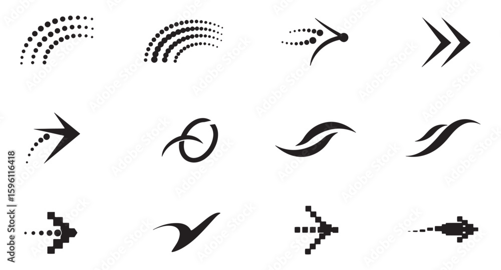 Poster vector collection of abstract directional arrows and flowing design elements in black and white