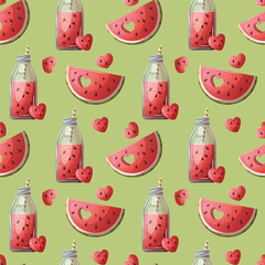 Summer seamless pattern with watermelon slice and smoothie.  Vector illustration for scrapbooking, background, wrapping paper.	