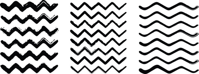 Set of wavy zigzag lines.  Vector zigzag and wavy horizontal underline. abstract wavy lines background. Abstract vector background with black wavy lines. 