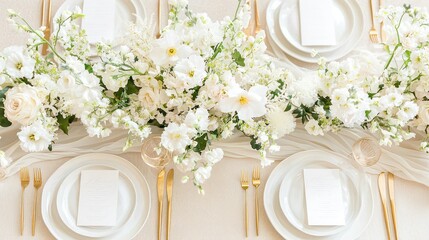 Elegant wedding table setting with white flowers and golden utensils decor centerpiece