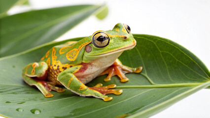 Obraz premium Green tree frog resting on a vibrant green leaf with a white background in a close up shot vreated with genrated ai